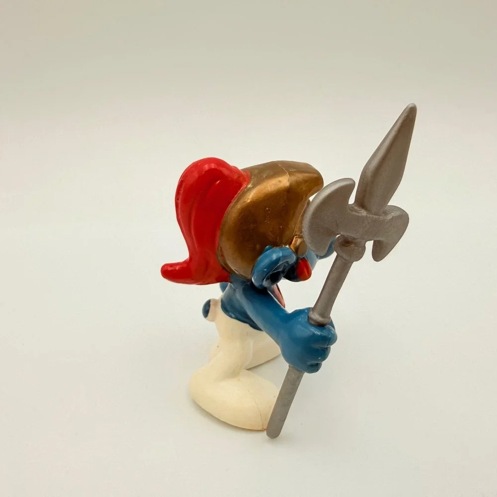 Vintage Peyo Bully Warrior Smurf Figure W Germany Halberd Helmet Red Plume